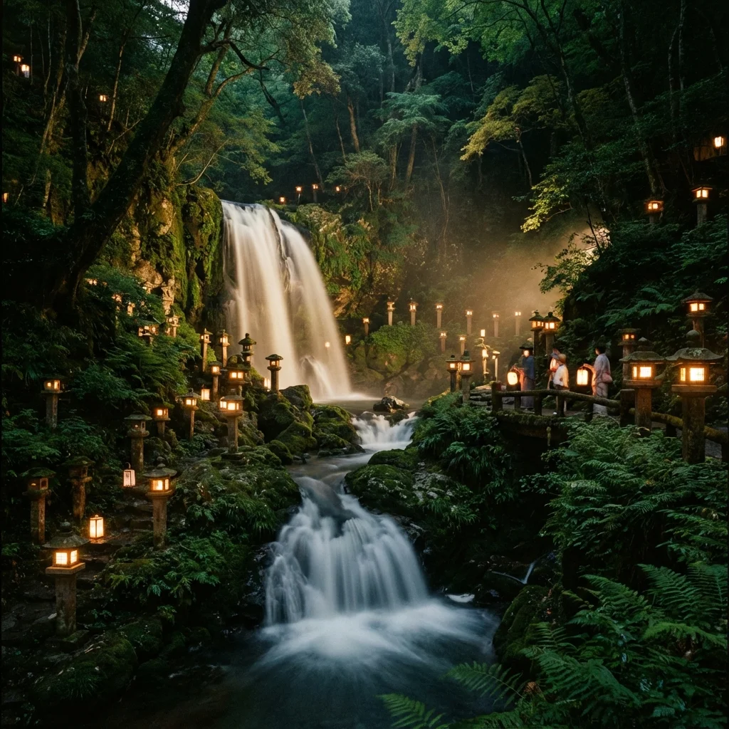 Mystical evening illumination of Odaru Waterfall with glowing lanterns in the Izu forest