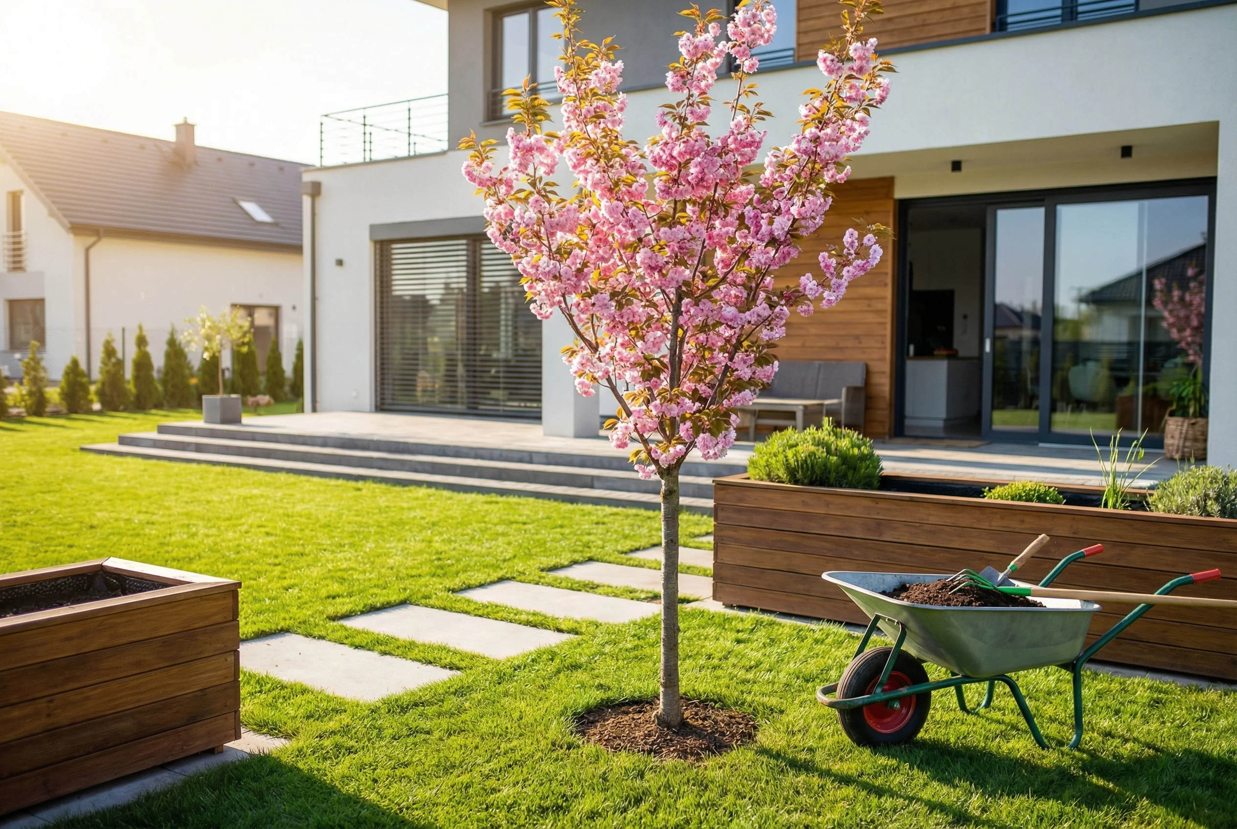 Young Kawazu cherry blossom tree growing in a sunny backyard garden, suitable for USDA Zones 5-8