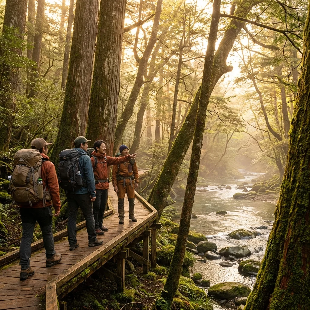 Hikers exploring the wooden boardwalk trails along the Kawazu River