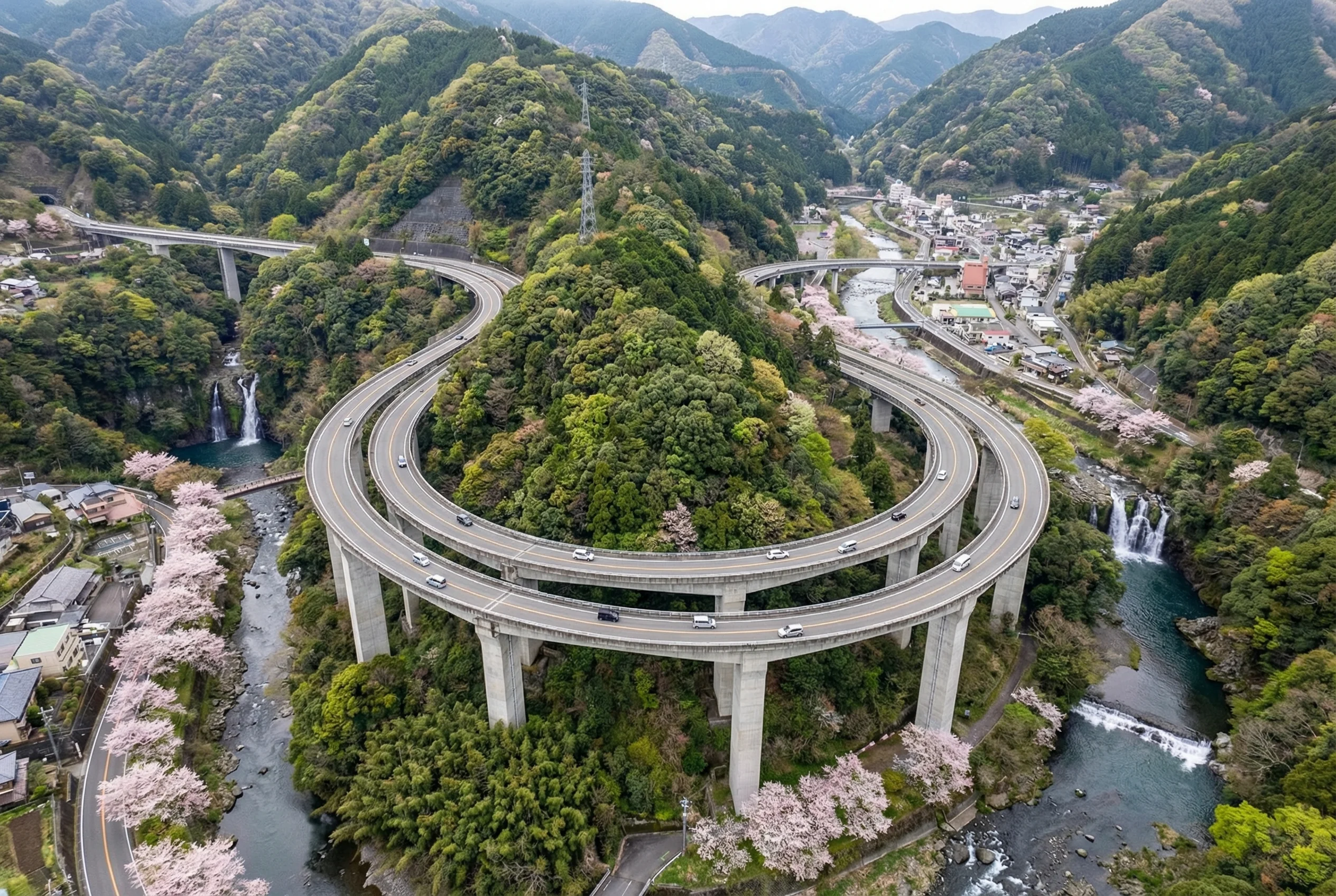 The massive Kawazu Nanadaru Loop Bridge surrounded by Izu mountains