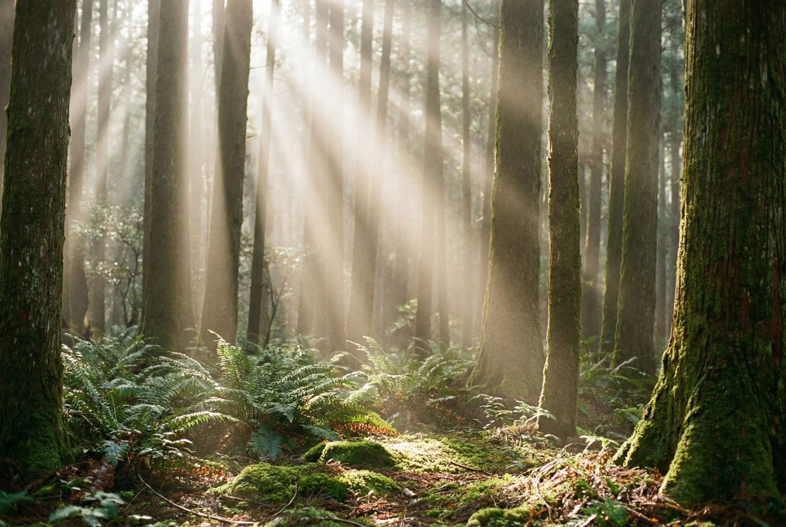 Komorebi sunlight filtering through the cedar forest along the Kawazu Nanadaru hiking trail