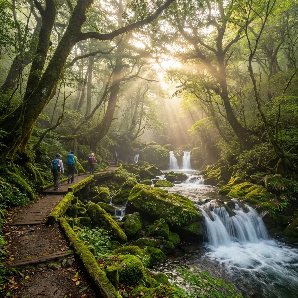 Misty forest trail along the Kawazu Seven Waterfalls in Izu