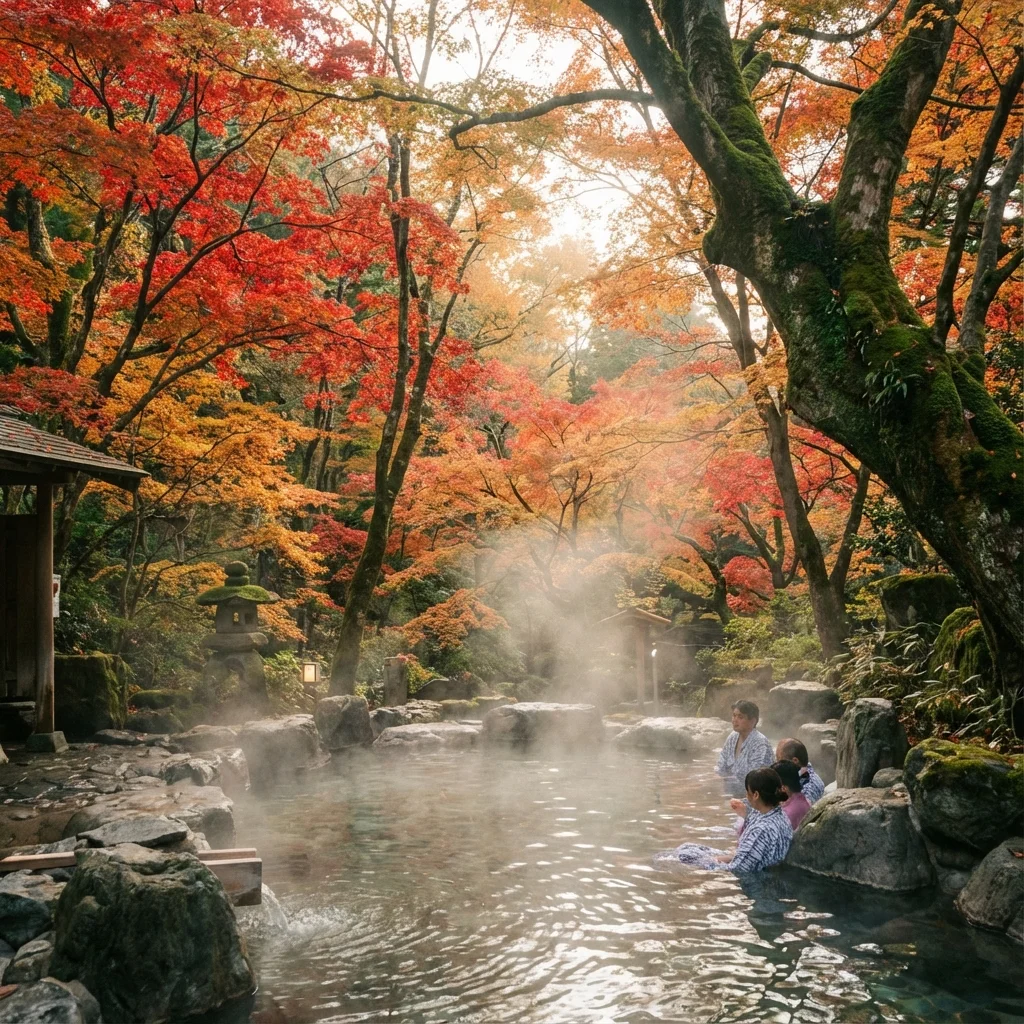 Traditional outdoor hot spring (onsen) with forest views in Izu