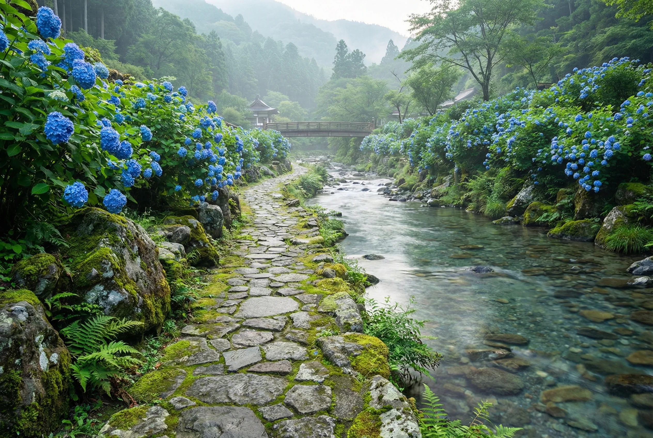 Scenic riverside walking path lined with lush greenery