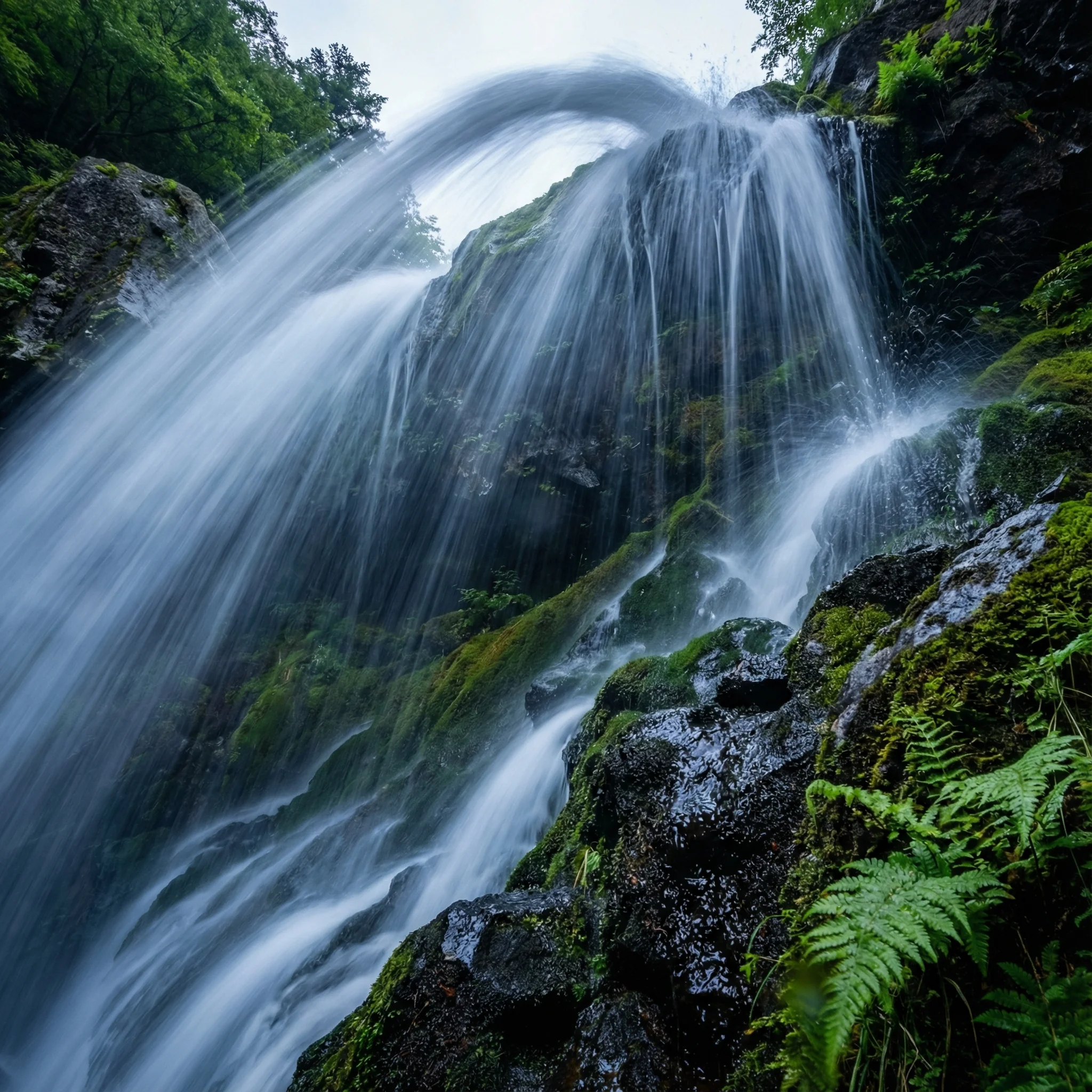 Close-up view of Shokei-daru Waterfall flowing over hexagonal basalt columns in Izu