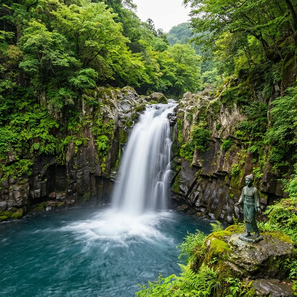 Shokei-daru waterfall flowing over distinct hexagonal basalt columns