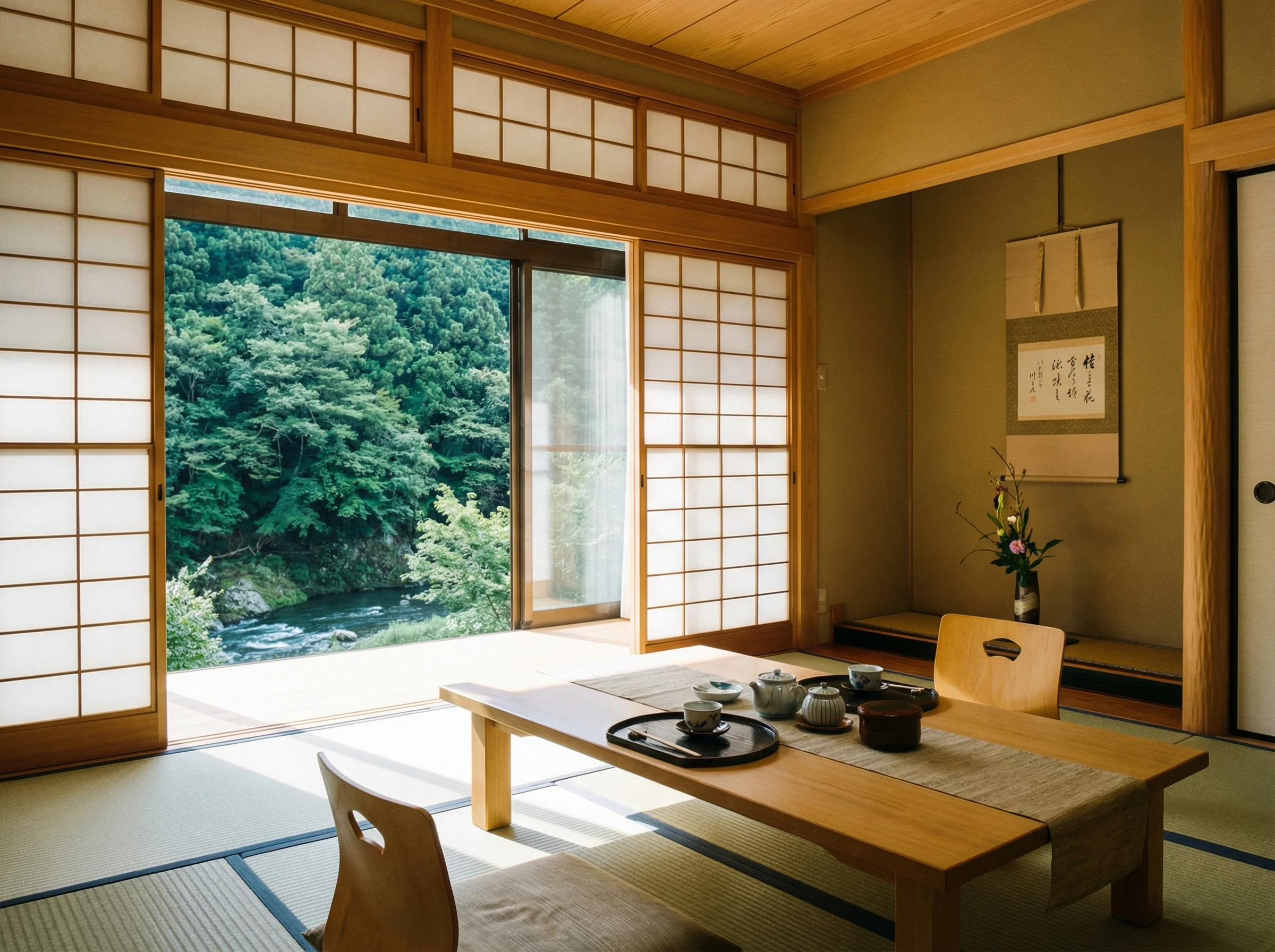 Interior of a traditional Japanese Ryokan guest room in Kawazu with tatami mats and scenic river views